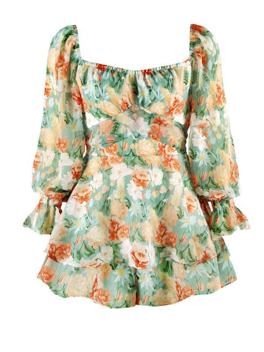Women's fashion sexy one-neck lantern lotus leaf long-sleeved printed jumpsuit - 808Lush