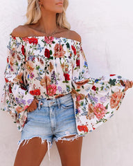 Women Floral Shoulder Trumpet Sleeve High Waist  Top
