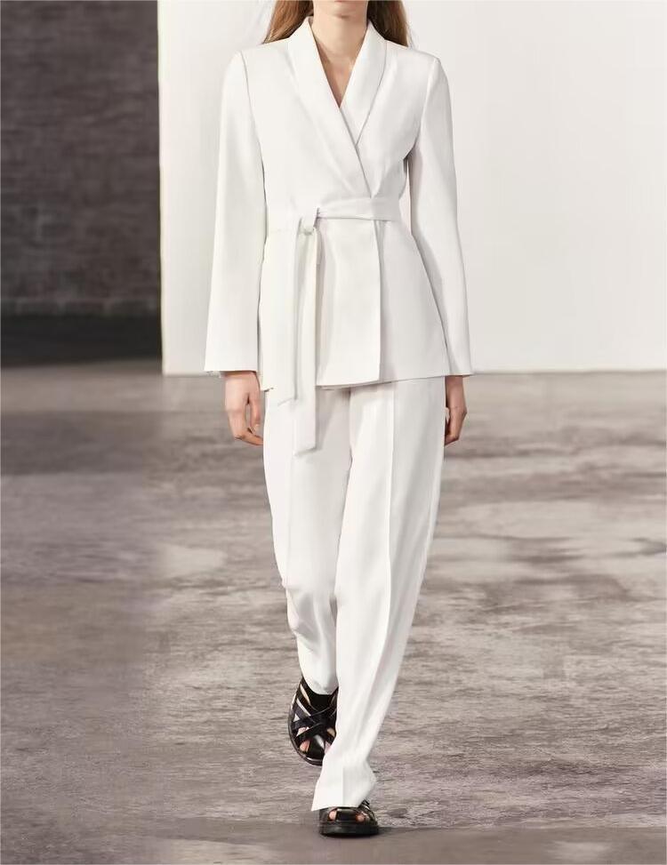 Belt Blazer High Waist Casual Pants Straight-Leg Pants Suit - 808Lush