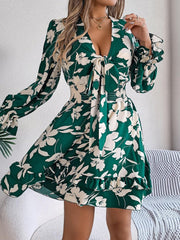 Tied Ruffled Printed Long Sleeve Dress - 808Lush