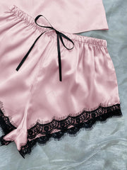 Lace Trim Cami, Shorts, Eye Mask, Scrunchie, and Bag Pajama Set - 808Lush