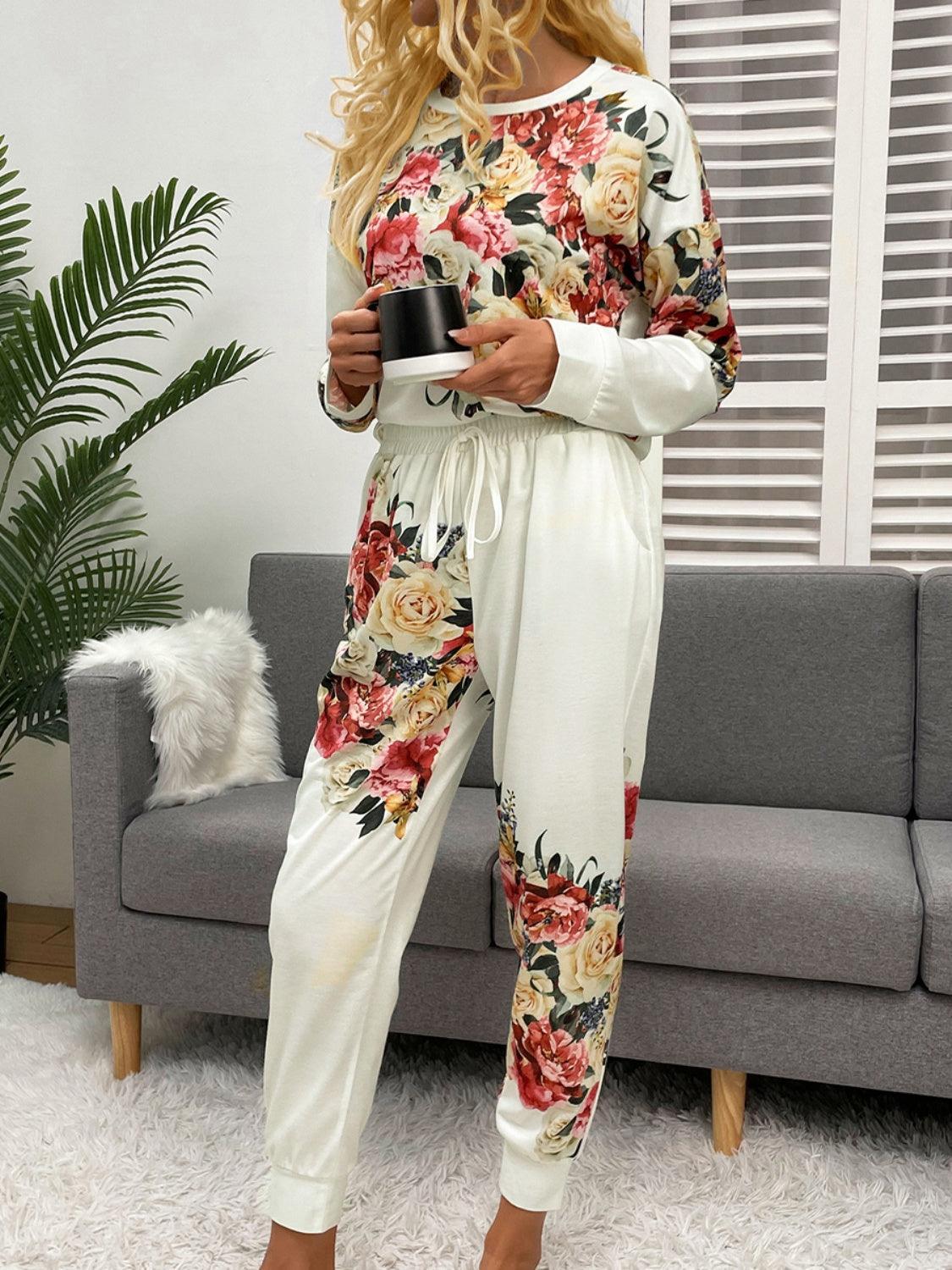 Printed Round Neck Top and Pants Lounge Set - 808Lush