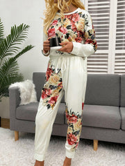 Printed Round Neck Top and Pants Lounge Set - 808Lush