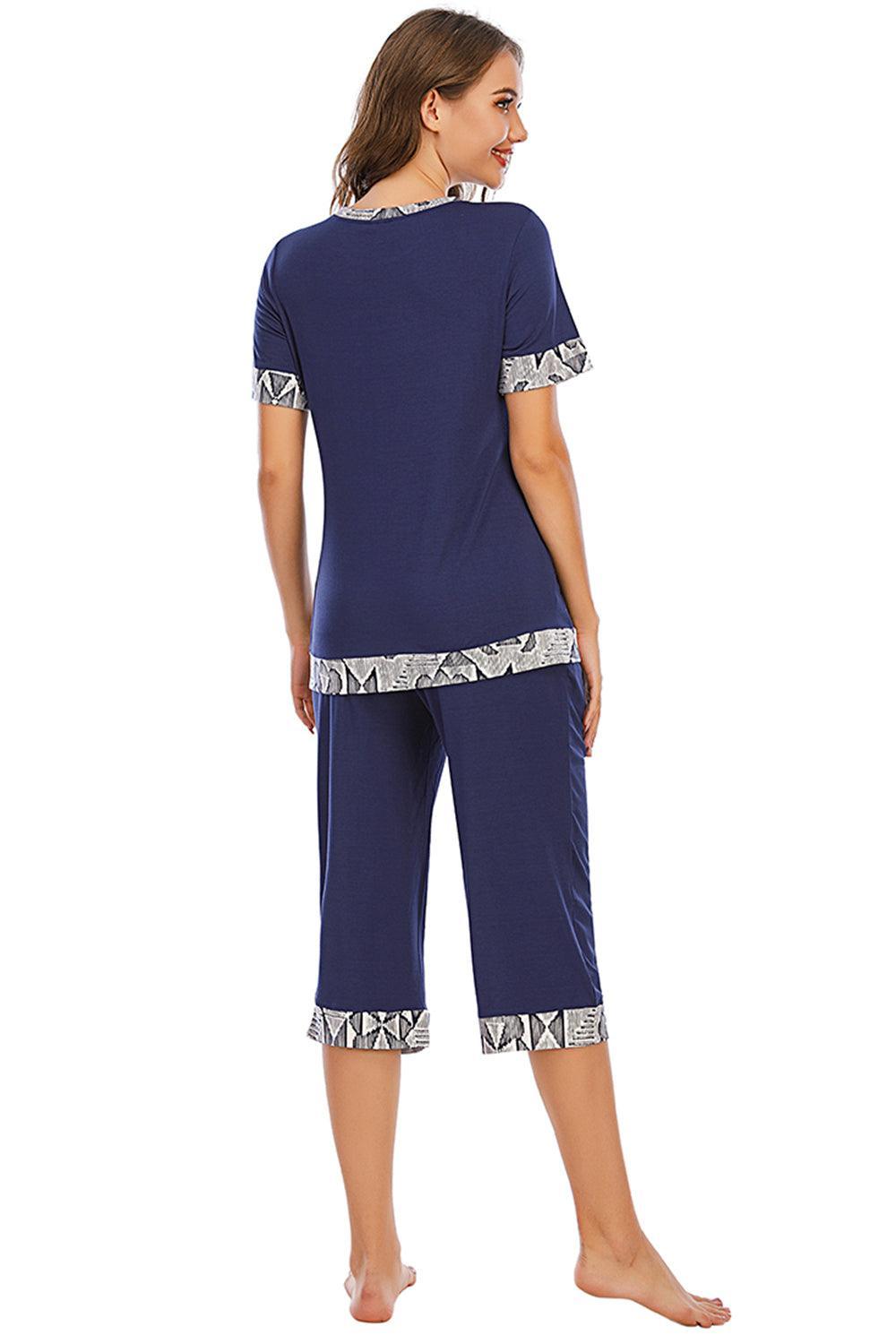 Round Neck Short Sleeve Top and Capris Pants Lounge Set - 808Lush