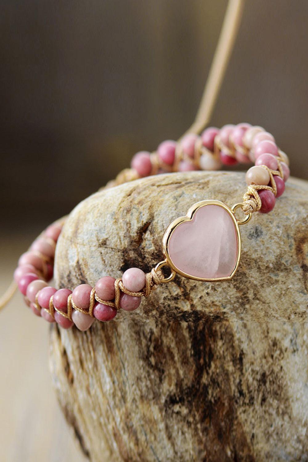 Rose Quartz Heart Beaded Bracelet - 808Lush