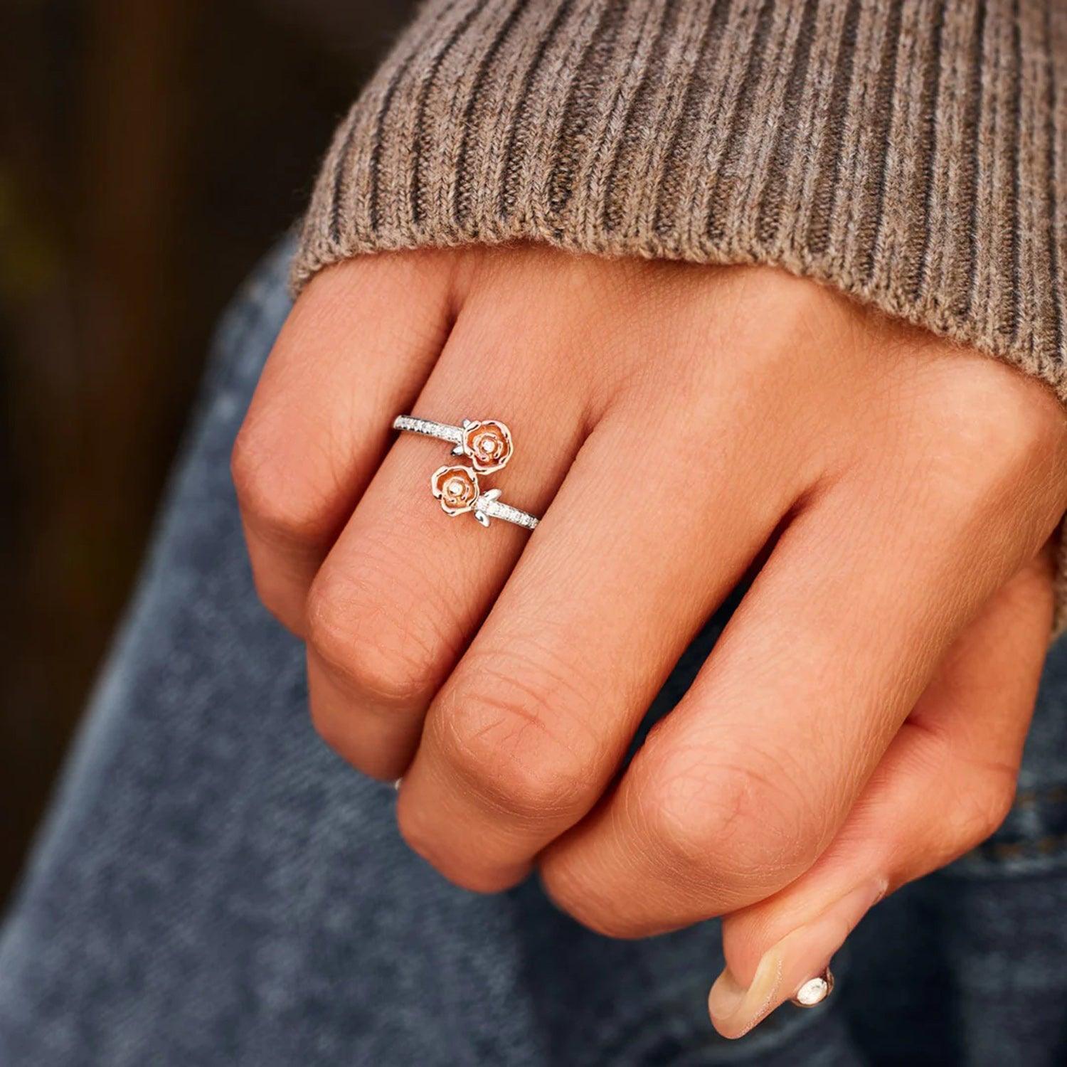 Rose Shape Inlaid Zircon Bypass Ring - 808Lush