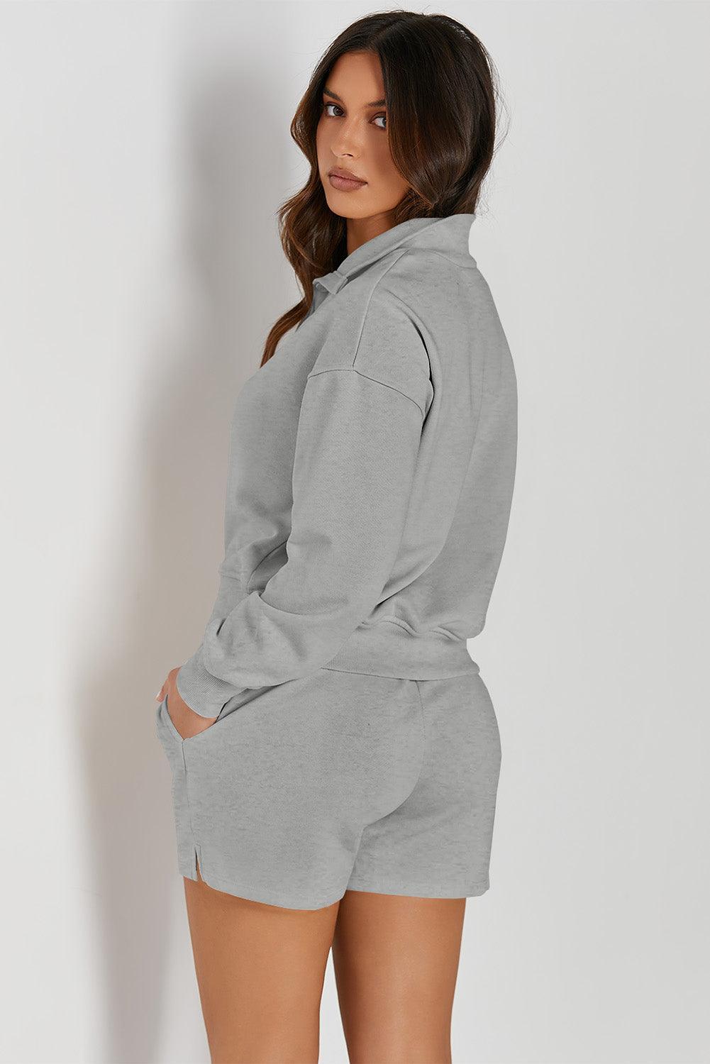 Half Button Sweatshirt and Shorts Active Set - 808Lush