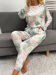 Tie-Dye Round Neck Top and Drawstring Pants Lounge Set - 808Lush