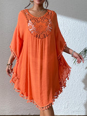 Tassel Cutout Scoop Neck Beach Cover-Up