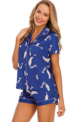 Printed Button Up Short Sleeve Top and Shorts Lounge Set - 808Lush