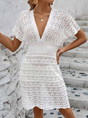Openwork Plunge Short Sleeve Beach Cover-Up