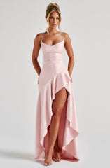 Sexy halter dress with ruffled, irregular hem.