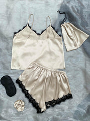 Lace Trim Cami, Shorts, Eye Mask, Scrunchie, and Bag Pajama Set - 808Lush
