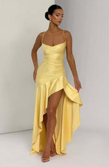 Sexy halter dress with ruffled, irregular hem.