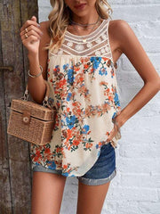 Casual lace paneled sleeveless round neck printed top - 808Lush