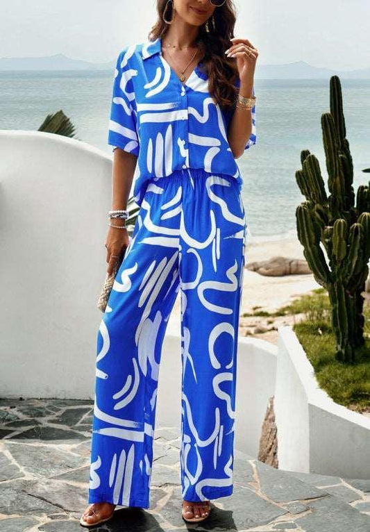 Elegant printed short-sleeved trousers two-piece suit - 808Lush