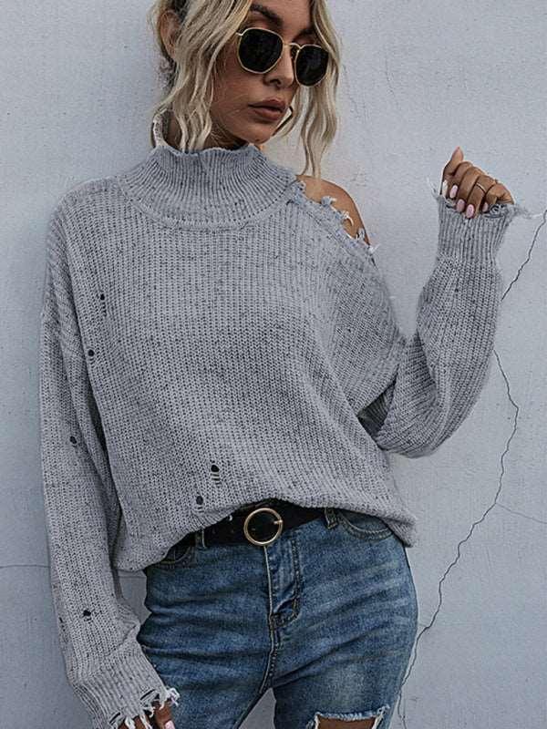 Loose off shoulder hole long sleeve high neck autumn knitted sweater for women - 808Lush