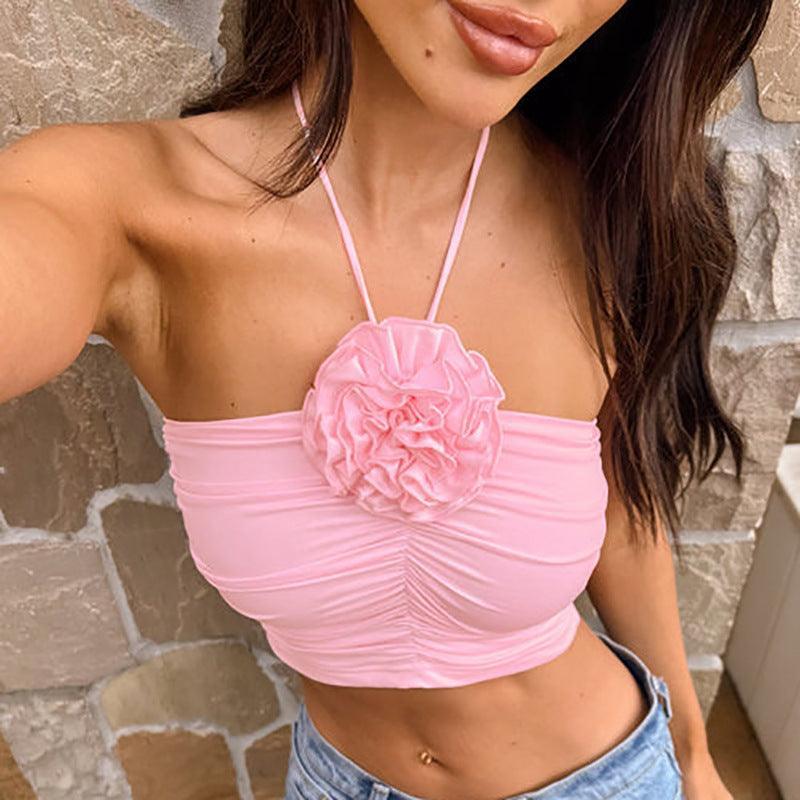 Sexy Women Three Dimensional Floral Pleated Cropped Top - 808Lush