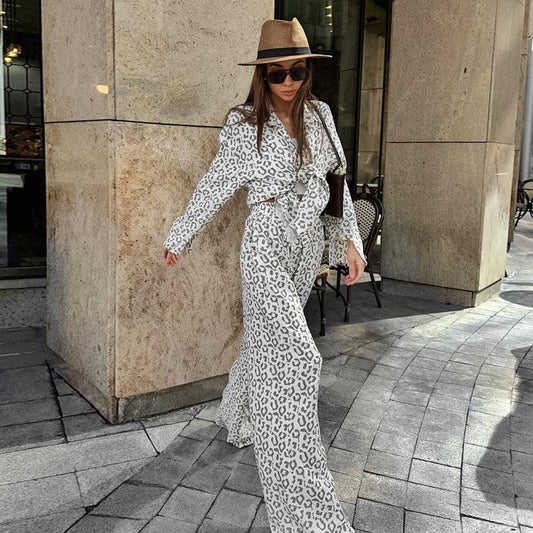 Cotton Linen Crepe Leopard Print High Waist Casual Two Piece Set
