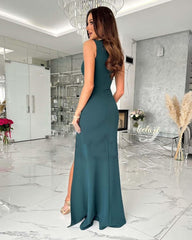 Women Sexy Slim V neck Sleeveless Split Maxi Dress