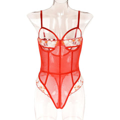 Sexy Embroidery Lace Mesh Stitching Sexy Teddies with Steel Ring