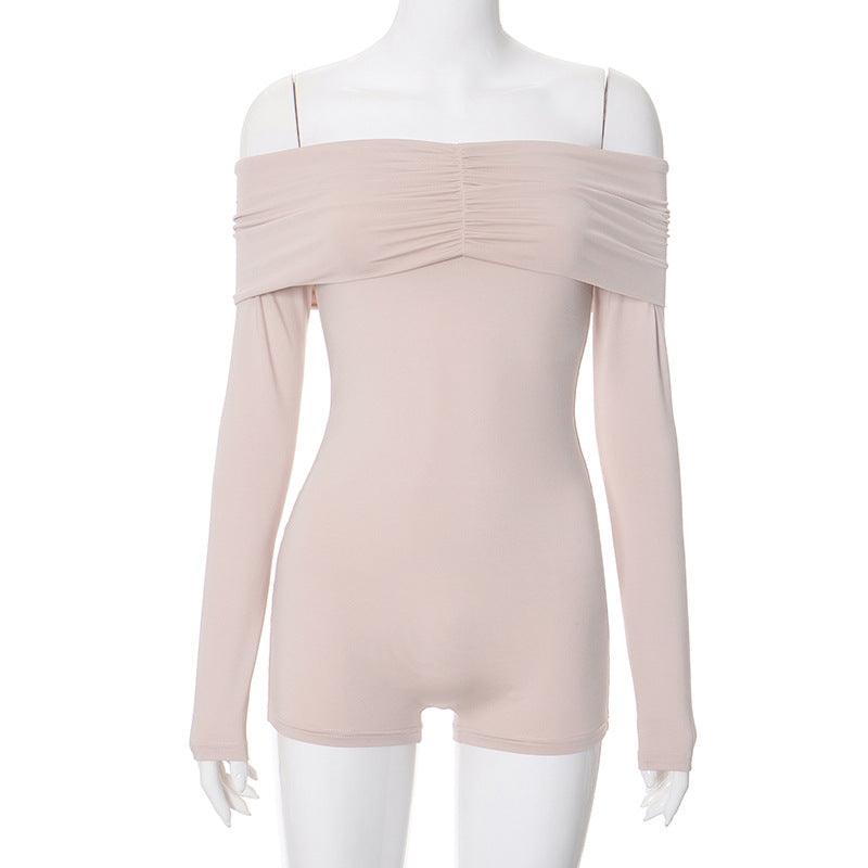 Off Shoulder Pleating Long Sleeve Tight High Waist Romper