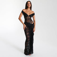 Women Summer Lace off Shoulder See through Skirt Set