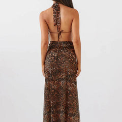 Sexy Deep V Plunge neck Spaghetti Straps Leopard Print Skirt Set