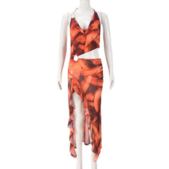 Mesh Floral Print Backless Ruffled Irregular Midi Dress