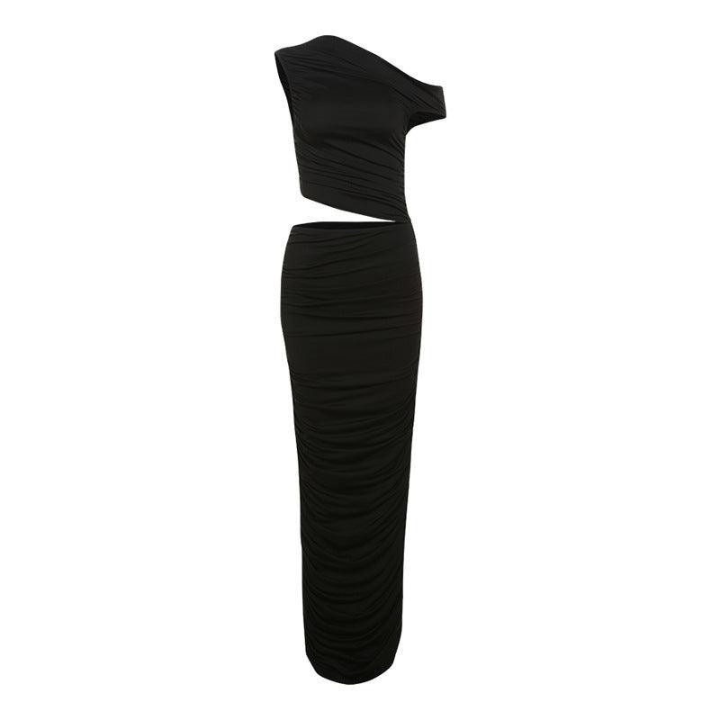 Elegant Pleated Slim Fit Oblique Shoulder Date Night Dress - 808Lush