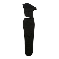 Elegant Pleated Slim Fit Oblique Shoulder Date Night Dress - 808Lush