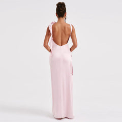 Slim Backless Satin Pleated High Slit Dress