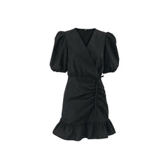 Elegant V neck Puff Sleeve Drawstring Dress