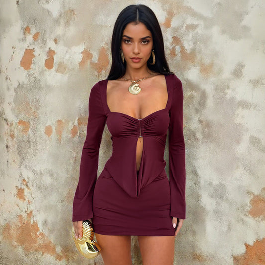 Autumn Winter Pockets Metal Ring Long Sleeve Narrow Dress