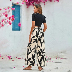 Leaf Printed Casual Wide Leg Pants Two Piece Set