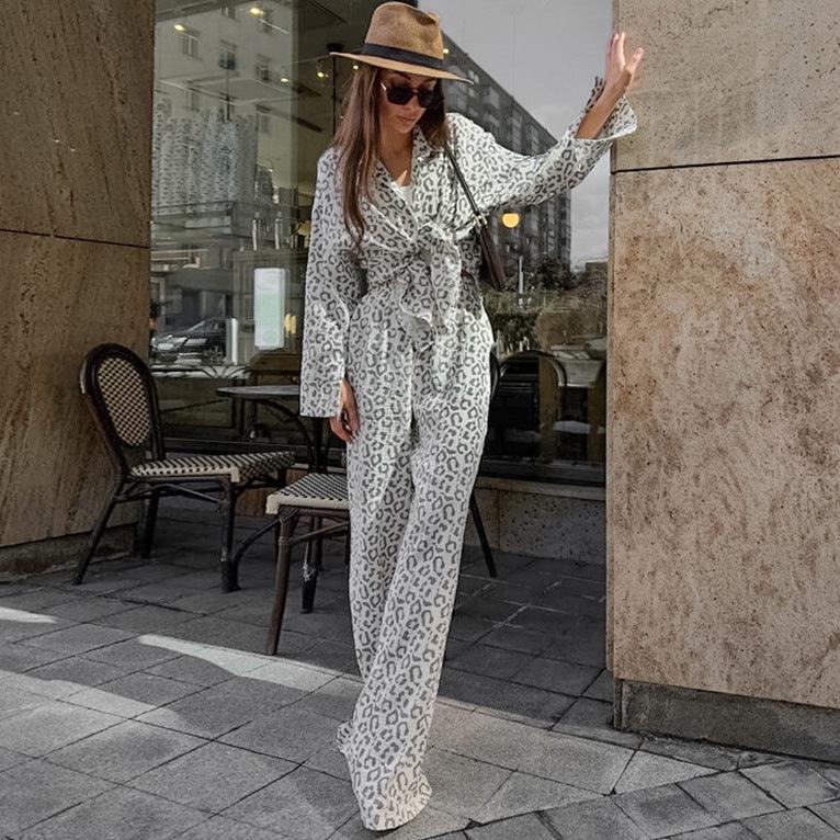 Cotton Linen Crepe Leopard Print High Waist Casual Two Piece Set