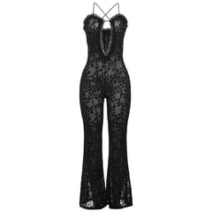 Backless Sheer Mesh Leopard Print Casual Jumpsuit