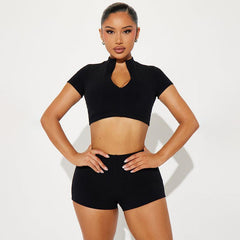 Short Sleeve Cropped Top Stretch Shorts Set