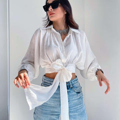 Lace up Long Sleeve Cropped Loose Shirt - 808Lush