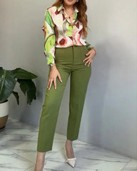 Casual Collared Print Casual Two Piece Set