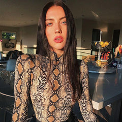 Snakeskin Printed Bottoming Shirt Long Sleeve Turtleneck Bodysuit - 808Lush