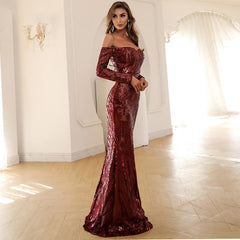 Cocktail Evening Dress Sexy off-Shoulder Long Sleeve Sequined Fishtail Dress - 808Lush