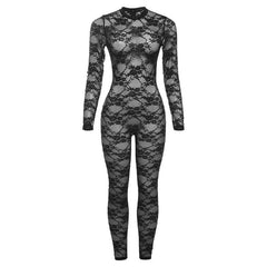 Sexy See through round Neck Long Sleeve Lace Tight One Piece Jumpsuit - 808Lush