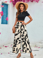 Leaf Printed Casual Wide Leg Pants Two Piece Set