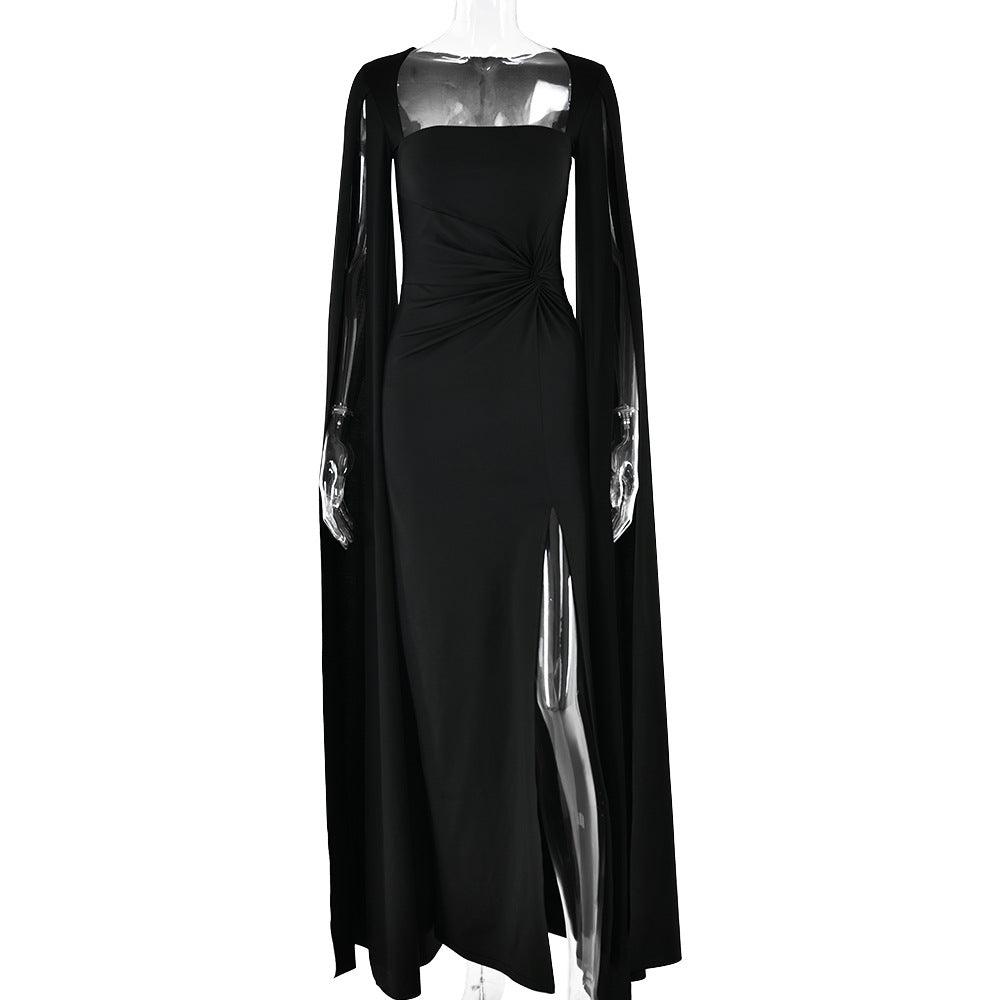 Square Collar Mop Long Sleeve High Slit Maxi Dress