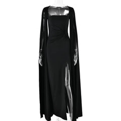 Square Collar Mop Long Sleeve High Slit Maxi Dress