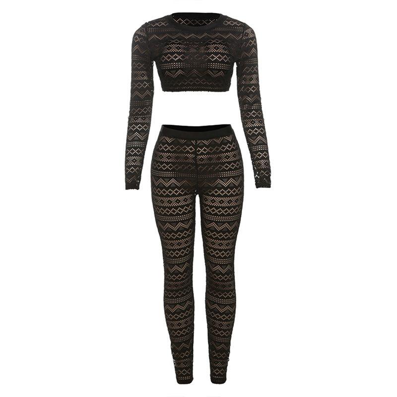 Sexy Crop Top Striped out Mesh Trousers Set