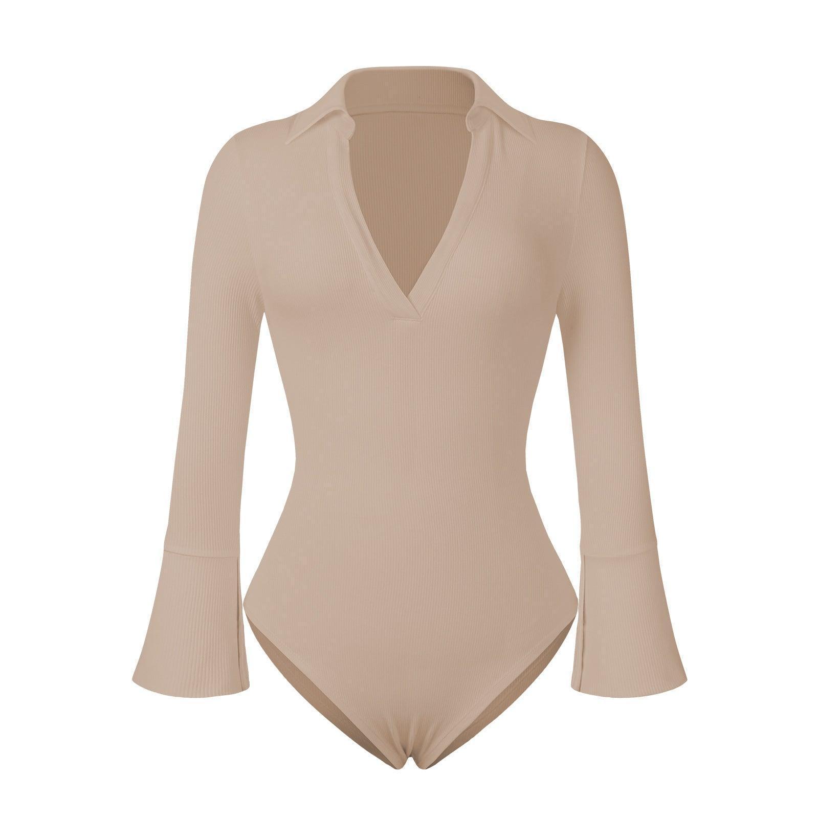 Sexy Rib Long Sleeve V neck women bodysuit - 808Lush