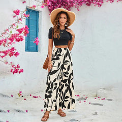 Leaf Printed Casual Wide Leg Pants Two Piece Set