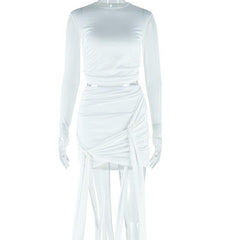 Round Neck Mesh Cropped Ribbon Skirt Set